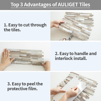 AULIGET 20 Sheets Peel and Stick Backsplash, Black & Grey Wood Look PVC Mixed Metal Stick on Backsplash Tiles for Kitchen