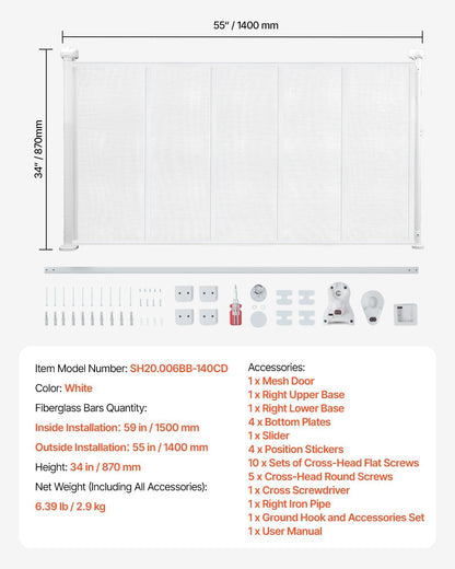 VEVOR Retractable Baby Gate, 34 inch Tall, Extends up to 71 inch Wide, Retractable Gate for Kids or Pets, Mesh Material, Easy to Install for Indoor Stairs, Doorways, Hallways, Playrooms, Gray