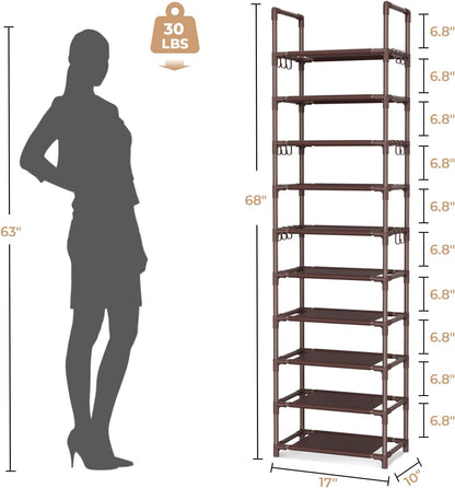 VTRIN 10 Tiers Tall Shoe Rack Holds 20-25 Pairs of Shoes Sturdy Vertical Shoe Organizer with 18pcs Hooks Stackable Narrow Shoe Rack for Closet, Entryway Black