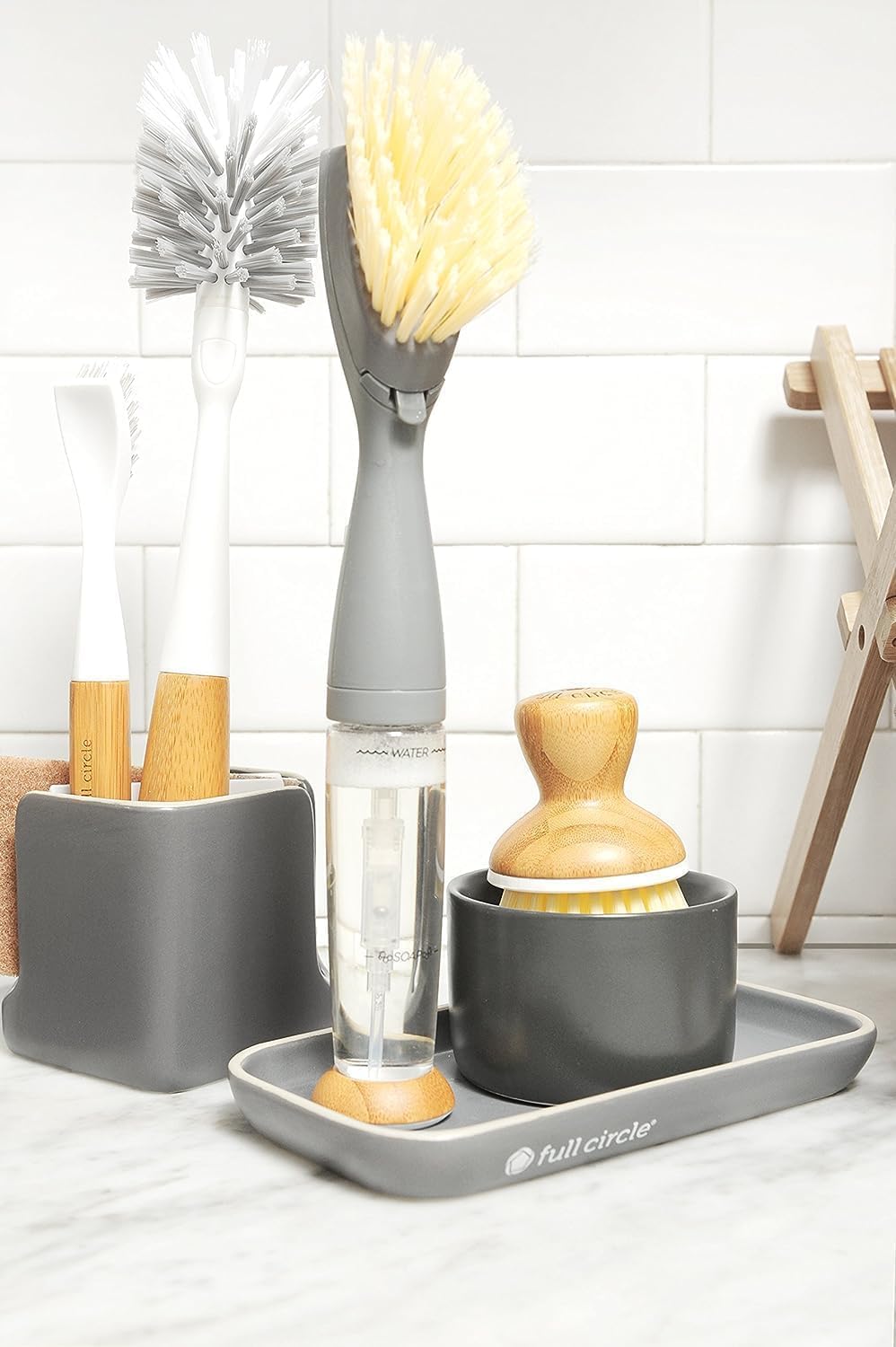 Full Circle Stash, Ceramic Kitchen Sink Caddy, Stylish Sponge Holder & Dish Brush Organizer, Easy to Clean, Dishwasher Safe, Rustproof, White and Gray, 11"