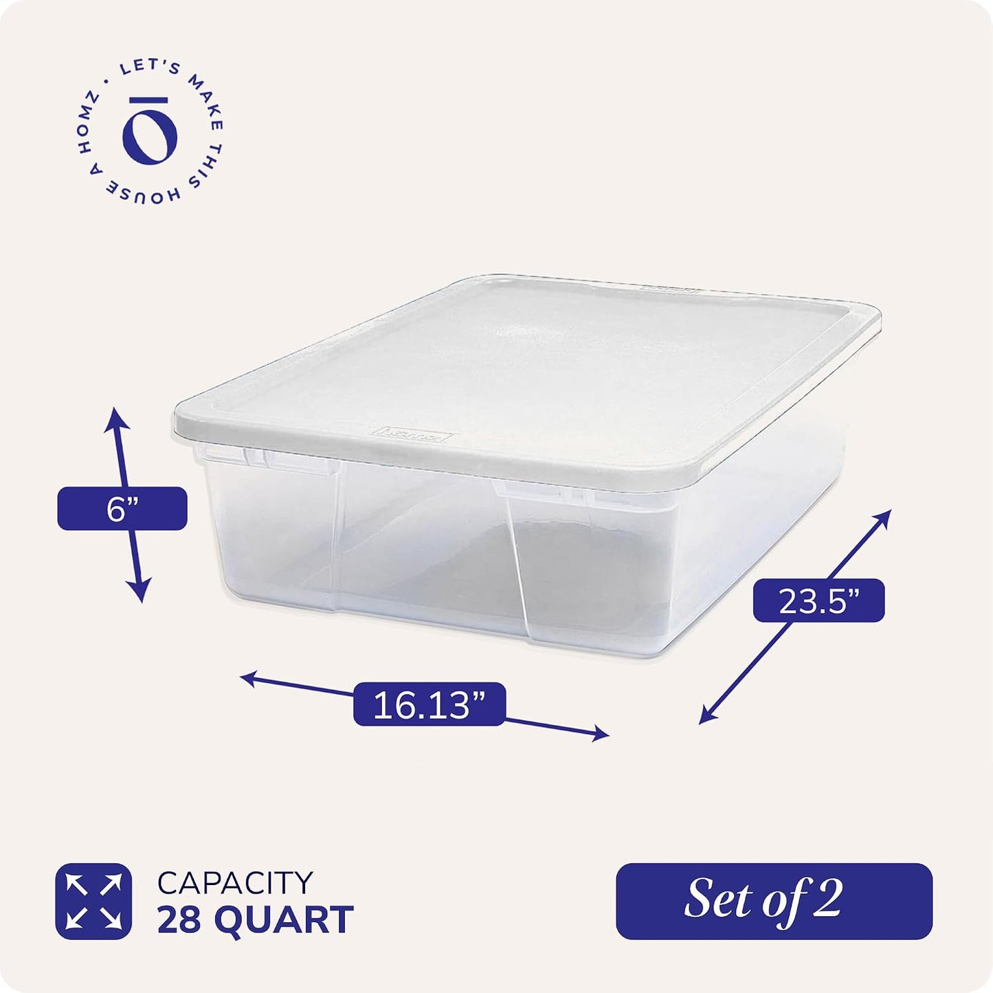 HOMZ 2-Pack Snaplock, Small Clear Plastic Storage Organizer Bins w/ Lids, 28 Quart, Gray - Stackable Container Boxes for Bedroom, Bathroom, Garage, and Office Organization