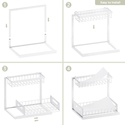 Under Kitchen Sink Organizer 2 Tier, Pull Out Bathroom Sink Organizers and Storage, Cabinet Kitchen Bathroom Storage Organization Shelf, 2 Pack White