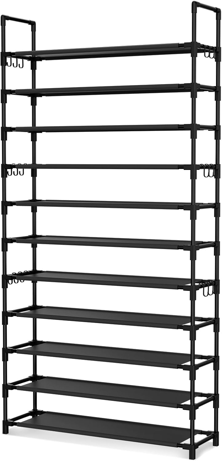 LANTEFUL 10 Tiers Shoe Rack 50 Pairs Large Capacity Tall Shoe Organizer Sturdy Shoe Storage with Two Hooks Space Saving Metal Wide Shoe Rack for Closet, Entryway, Bedroom, Black