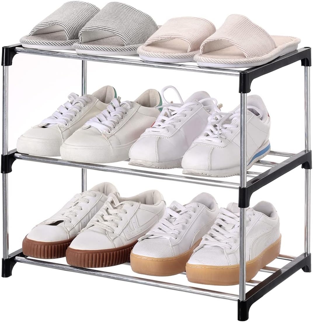 Jucaifu Stackable Small Shoe Rack, Entryway, Hallway and Closet Space Saving Storage and Organization (3-Tier, White)