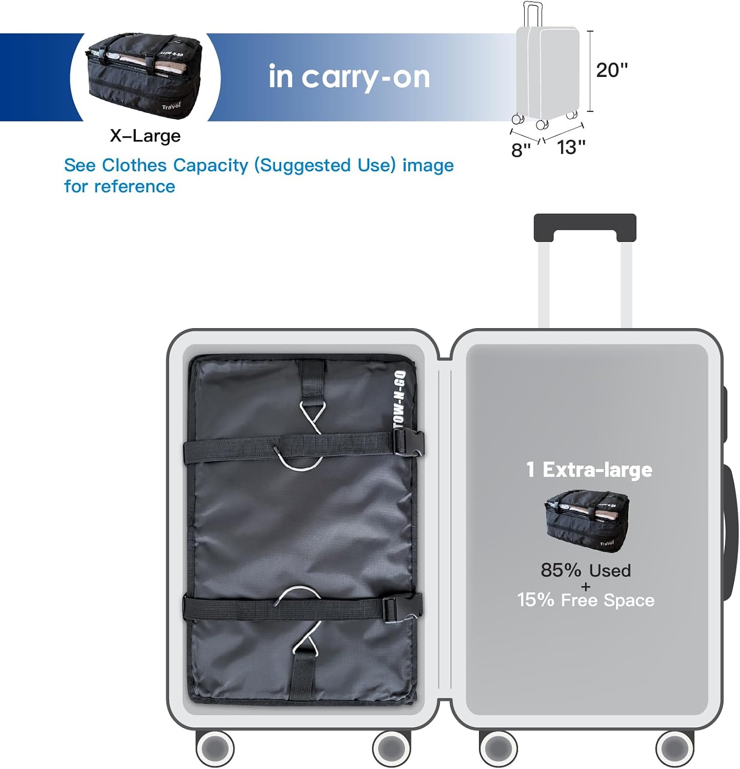 Grand Fusion Stow-N-Go Hanging Travel Shelves, Packing Organizer for Luggage. Carry on Closet for Suitcase. Expandable Packing Cube. Travel Essentials. (Black - L, L = (L) 11.8" x (W) 11.8")