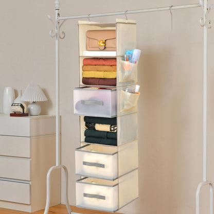 6-Shelf Hanging Closet Organizer with 3 Drawers & Side Pockets, Gray | Non-woven fabric, tool-free setup, ideal for bedrooms/dorms/RVs, 3 foldable transparent drawers for easy access
