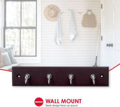 4 Hook Wall Mounted Key Rack by Home Basics | Engineered Cherry Wood Finish for Organizing Keys, Coats, and Accessories | Simple Design adds a Function Addition to Any entryway, Kitchen, or Hallway