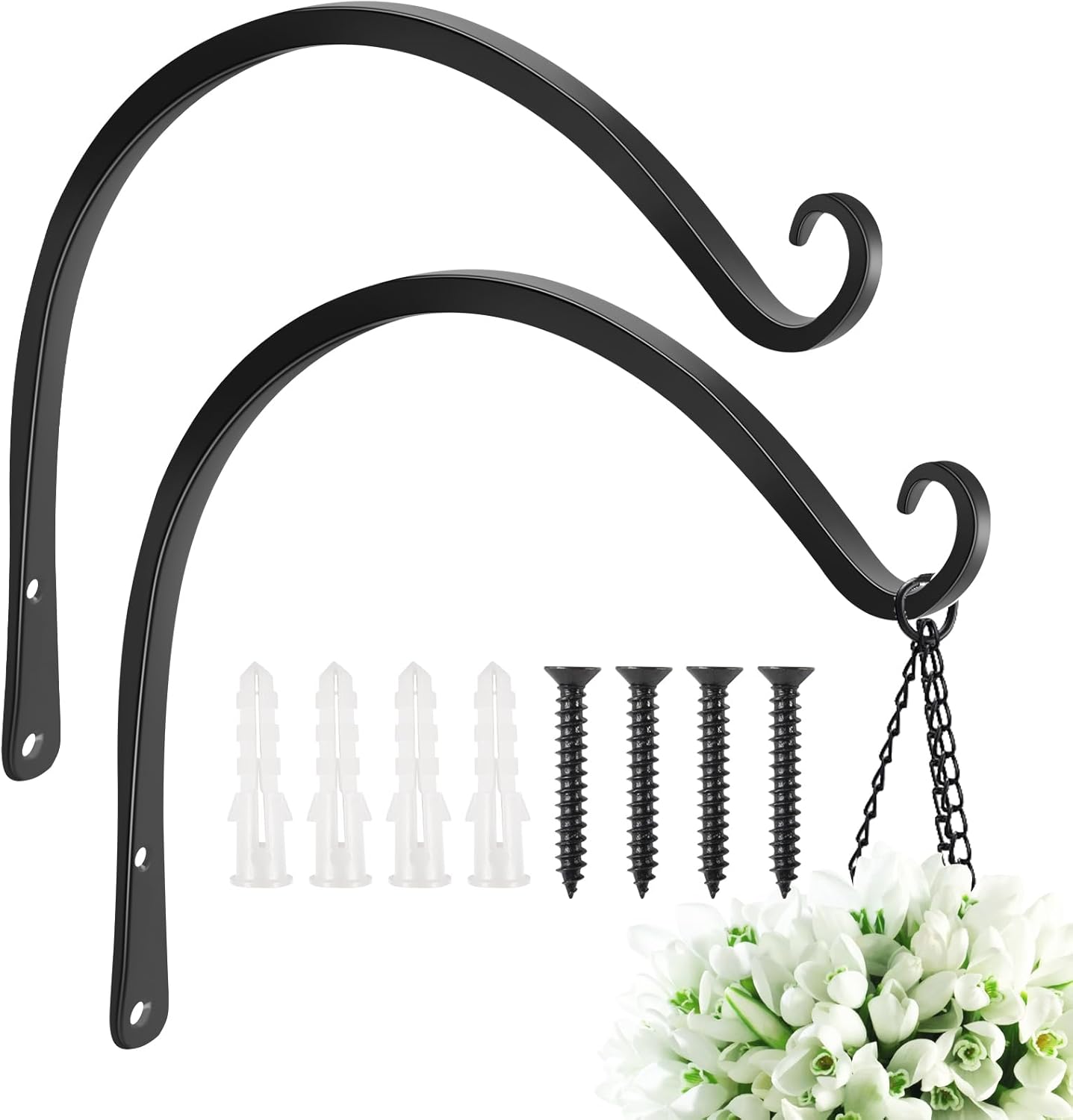 FEED GARDEN Heavy Duty Plant Hangers Outdoor Indoor, 8 Inch 2 Pack Metal Hanging Bracket Holds Up to 44 lbs, Wall Brackets for Hanging Baskets, Bird Feeders,Wind Chime& Lanterns, Black