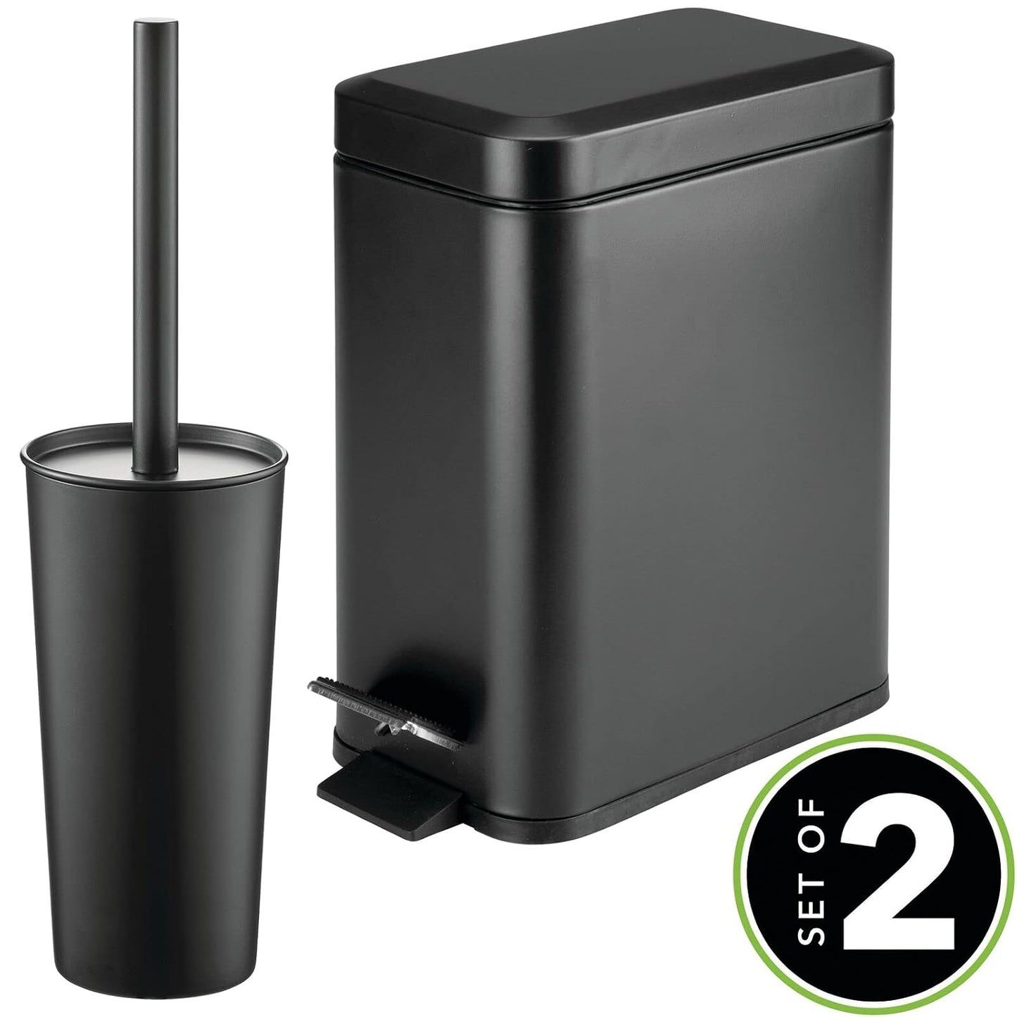 mDesign Metal Freestanding Slim Toilet Bowl Brush and Holder + Rectangle Narrow 5 Liter / 1.3 Gallon Step Pedal Trash Can Wastebasket for Bathroom - Small, Compact Design - Set of 2 - Brushed/Chrome