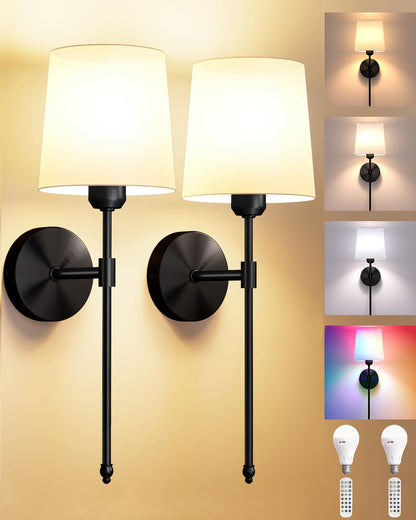 Ouyulong Battery Operated Wall Sconces Set of 2, Wireless Rechargeable Dimmable Wall Light with RGB Bulb and Remote for Bedroom, Living Room, Hallway (Gold)