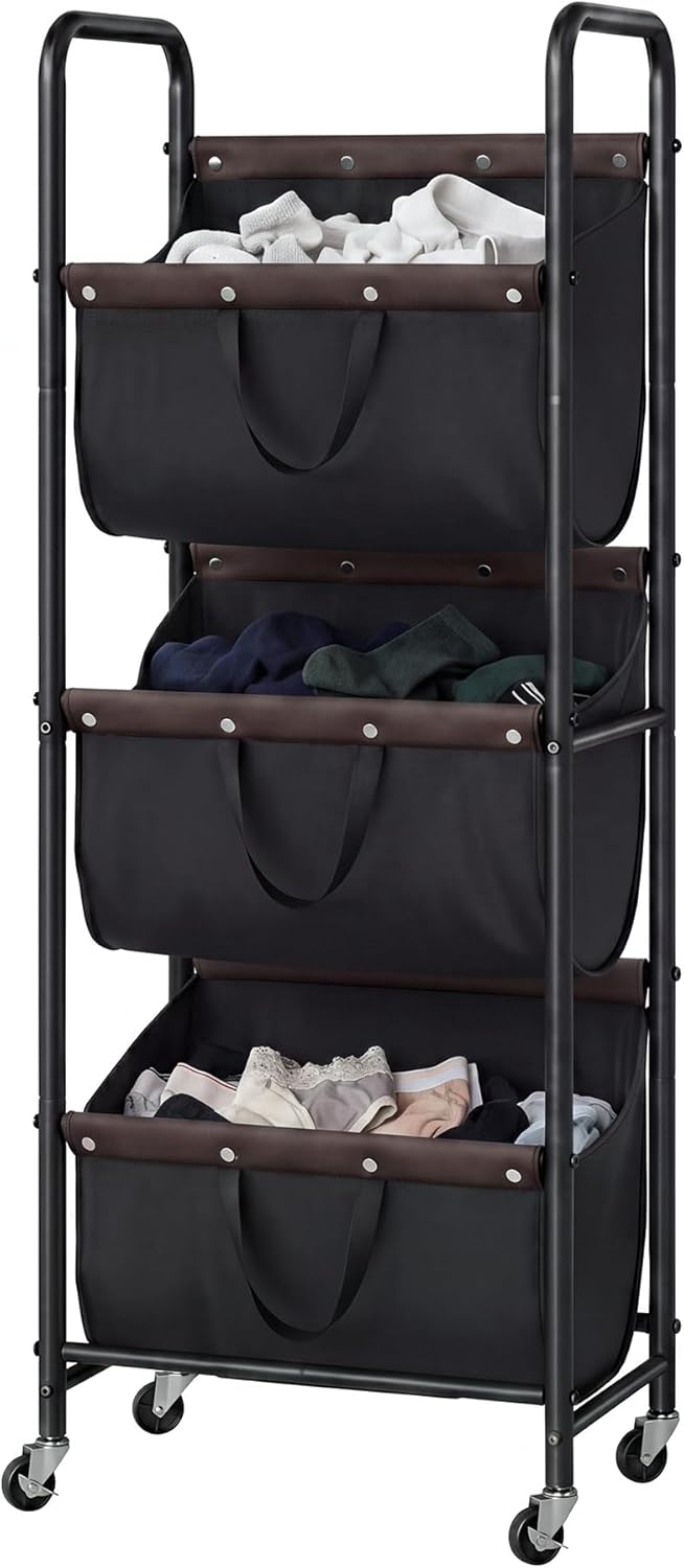 GRANNY SAYS 3 Section Tiered Laundry Sorter, Slim Vertical Laundry Hamper with Wheels, Narrow Rolling Laundry Cart with Removable Bags for Laundry Room, Bathroom, Closet, Dorm, Beige