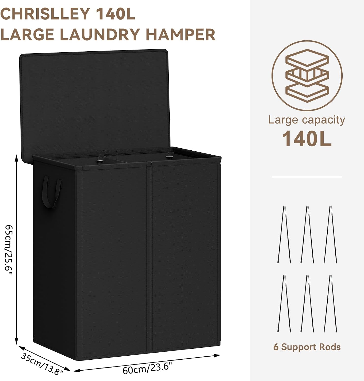 Chrislley 140L Laundry Hamper 2 Section, Double Laundry Basket with Lid, Large Dirty Clothes Hamper with Removable Liner Bags, Collapsible Laundry Organizer for Bedroom, Dorm,Beige