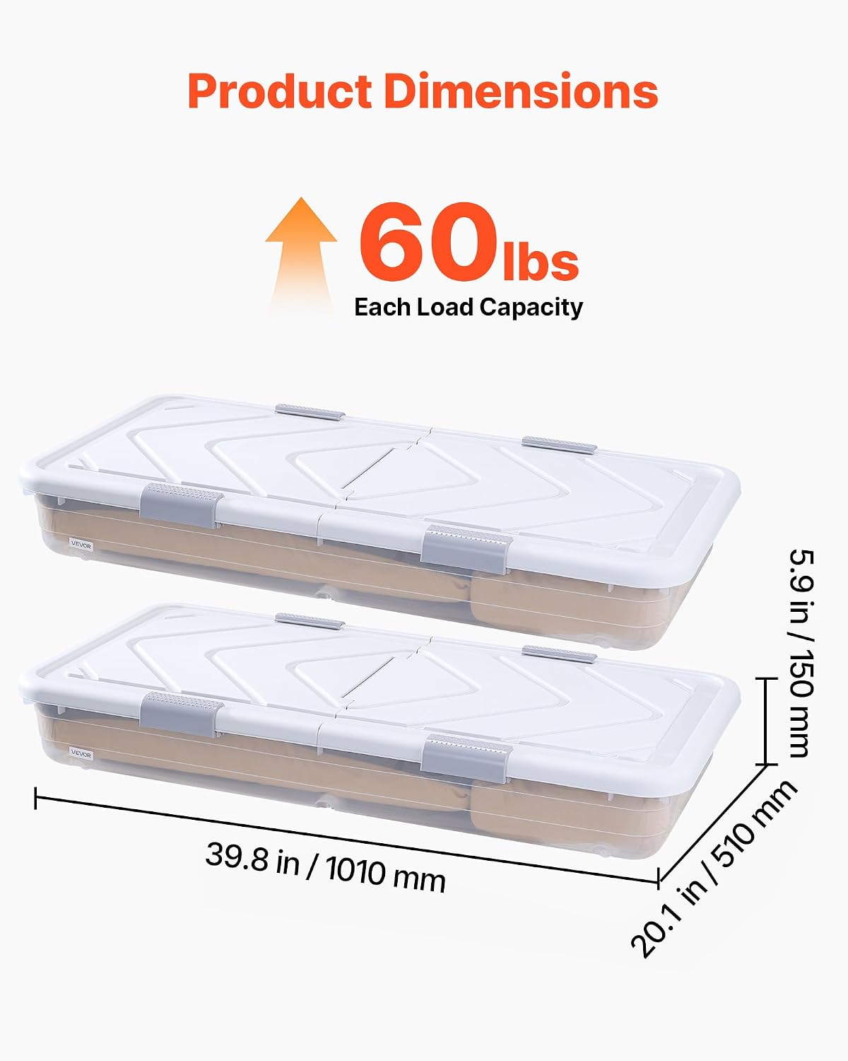 VEVOR Under Bed Storage with Wheels, 39.8 x 20.1 x 5.9 inch Underbed Containers, Underbed Shoes Organizer with Lid & Gray Latch, Rolling Under the Bed Storage Bins for Clothes Shoes Blankets, 2 Pack