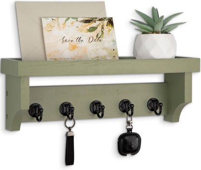Key and Mail Holder Wall Mount, Key Holder with Shelf and Mail Organizer Wall Mount. Mail Holder with 5 Hooks for Coat, Dog Leash, Home Decor Rack, Entry Way Organizer (White)