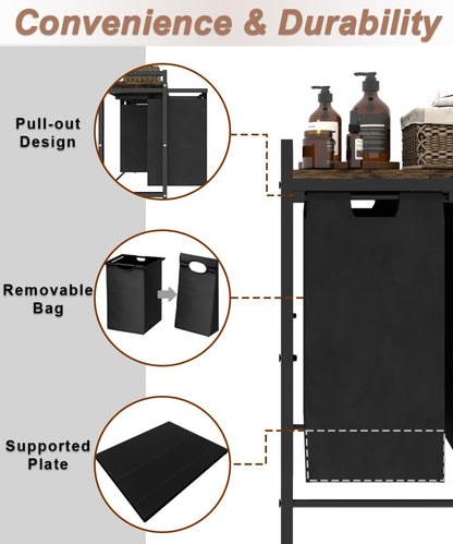 10 x 3 Gal Large Laundry Hamper with 3 Pull-Out & Removable Sorter Bags, Freestanding Clothes Basket Organizer for Clothing or Toys in Bathroom and Living Room, Rustic Brown and Black