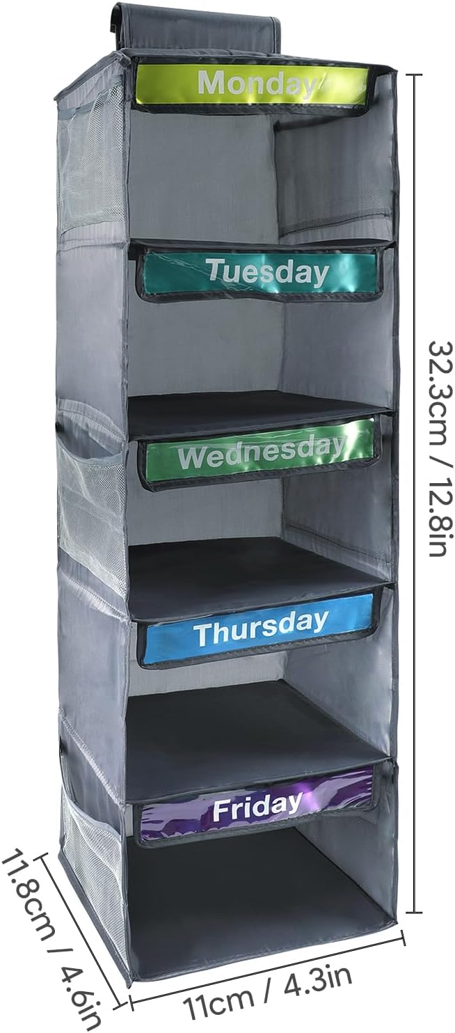 5-Shelf Weekly Clothes Organizer for Kids Days of The Week Hanging Storage Shelves Dorm Room Essential Daily Shelf Hanging Closet Organizer with 6 Side Pockets…