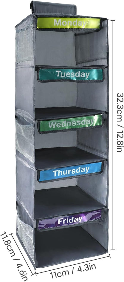 5-Shelf Weekly Clothes Organizer for Kids Days of The Week Hanging Storage Shelves Dorm Room Essential Daily Shelf Hanging Closet Organizer with 6 Side Pockets…