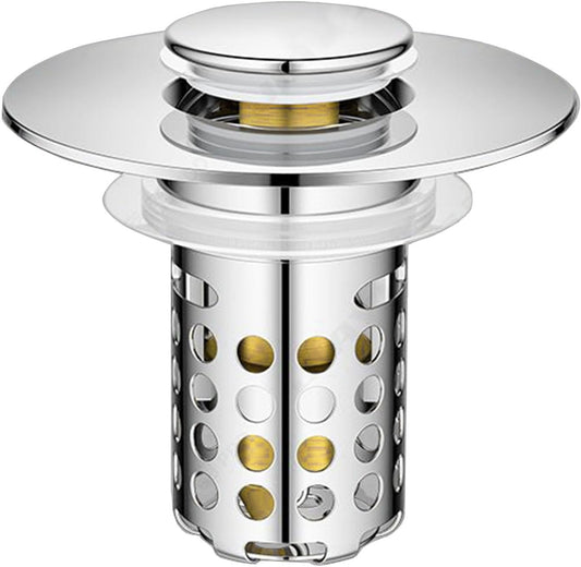 Bathroom Sink Drain Strainer, Pop Up Sink Drain Filter with Removable Stainless Steel Filter Basket Hair Catcher,for 1.25-1.5 Inch Bullet Core Push Type Basin Pop Up Drain Filter (1pack, Silvery)