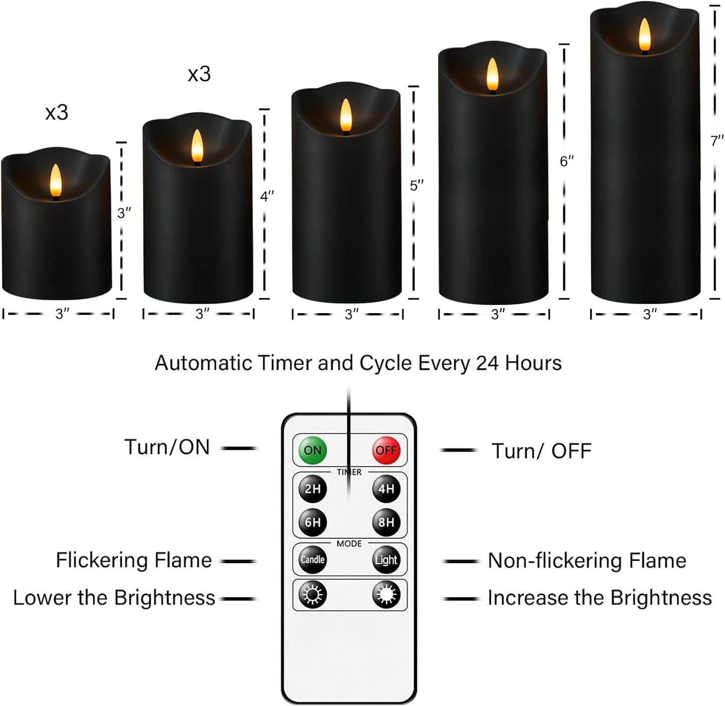 Nimiko Flameless Candles with Remote, Battery Operated Flickering Flameless Candles, LED Candles with Timer 2/4/6/8H, with Realistic LED Candles Set of 9 (D3 x H 3" 4" 5" 6" 7") (White)