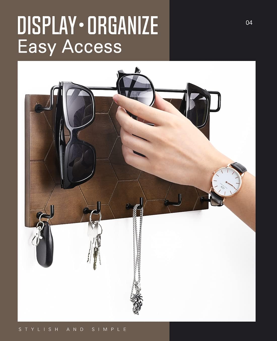 Emibele Sunglass Organizer Wall Key Holder,Decorative Wood Wall Organizer | Glasses & Sunglass Holder Display with 5 Hooks Key Rack Hanging Eyeglass Storage for Entryway Living Room