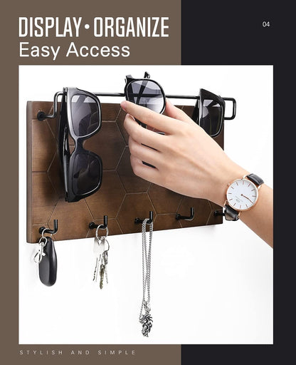 Emibele Sunglass Organizer Wall Key Holder,Decorative Wood Wall Organizer | Glasses & Sunglass Holder Display with 5 Hooks Key Rack Hanging Eyeglass Storage for Entryway Living Room