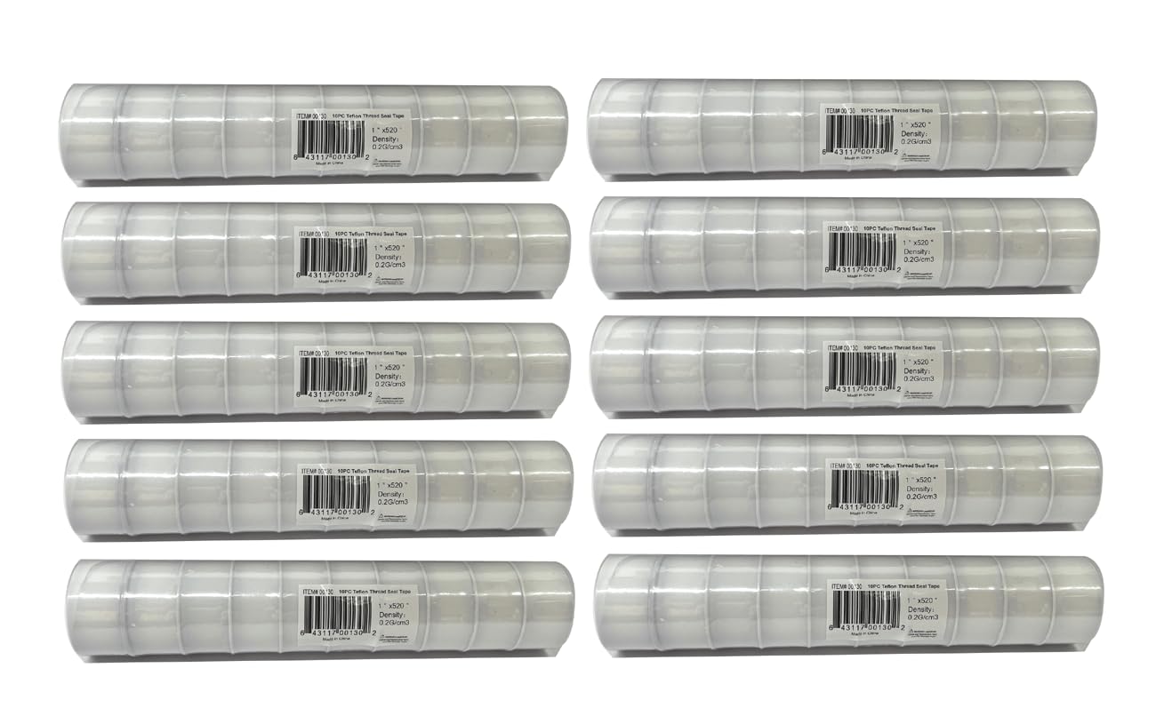 1" x 520" Teflon Tape – 100PC (10 Rolls per Case) | Bulk PTFE Thread Seal Tape for Plumbers, Pipe Fittings & Water Systems | White Virgin PTFE Pipe Thread Tape