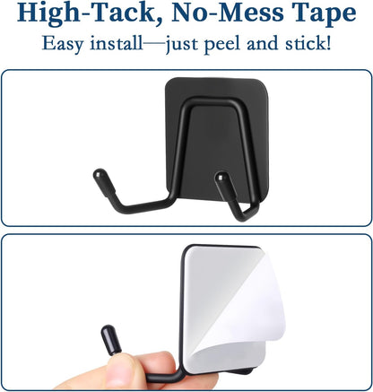 Large Self Adhesive Coat Hooks, Heavy Duty Double Wall Hooks for Hanging - 15lb Max, Rustproof Sticky Wall Hangers for Coat, Bedroom, Outdoor, Kitchen, 14-Day Trial, 3 Pack, Black