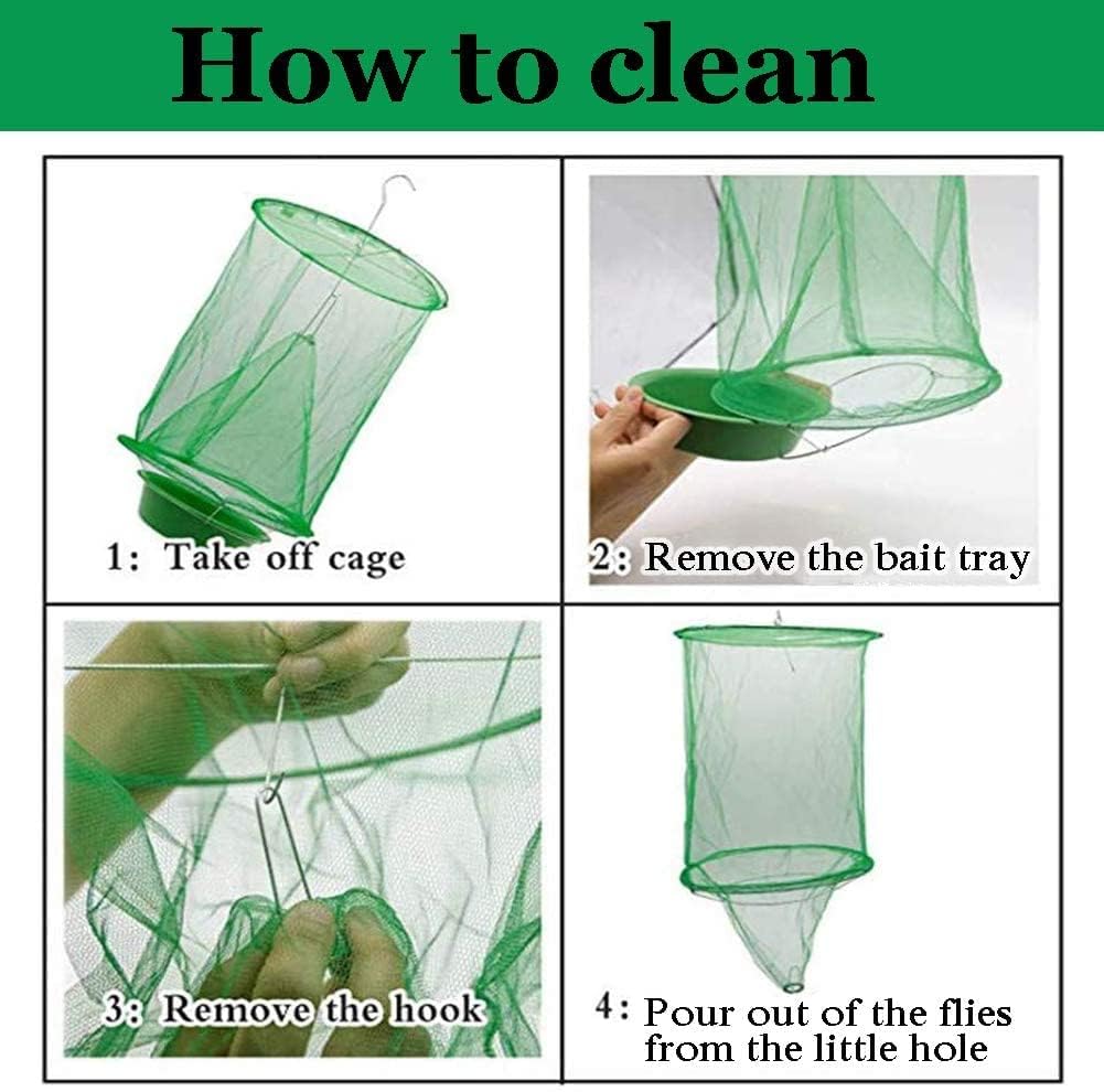 Ranch Fly Trap Outdoor Hanging Reusable with Fishing Apparatus | Food Bait Tray Catcher Cage for Indoor or Outdoor Family Farms, Park (4 Pack)