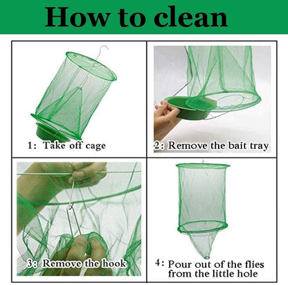 Ranch Fly Trap Outdoor Hanging Reusable with Fishing Apparatus | Food Bait Tray Catcher Cage for Indoor or Outdoor Family Farms, Park (4 Pack)