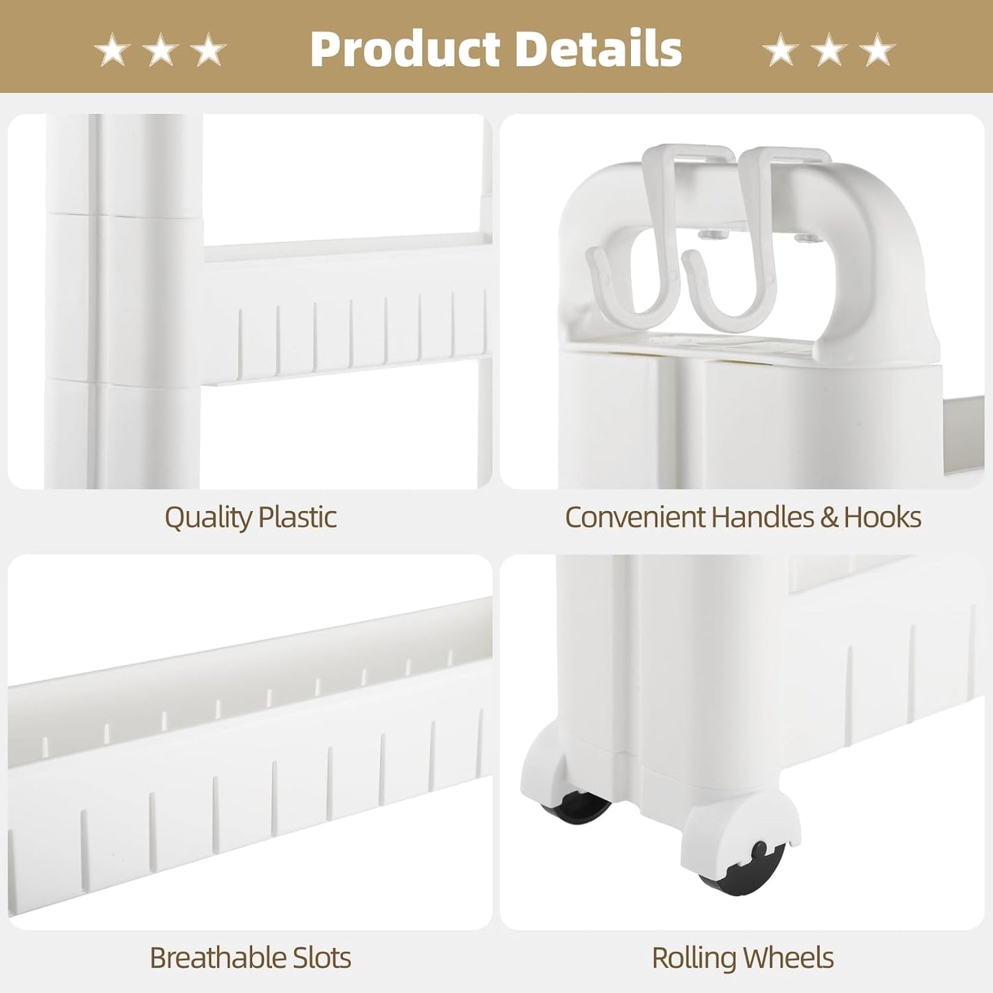 3 Tiers Slim Rolling Storage Cart, 3.5 Inches Slim Slide Out Bathroom Organizer Cart, Tiered Storage Rack with Wheels, Narrow Mobile Utility Cart for Laundry Room, Kitchen, Office, Sturdy Room