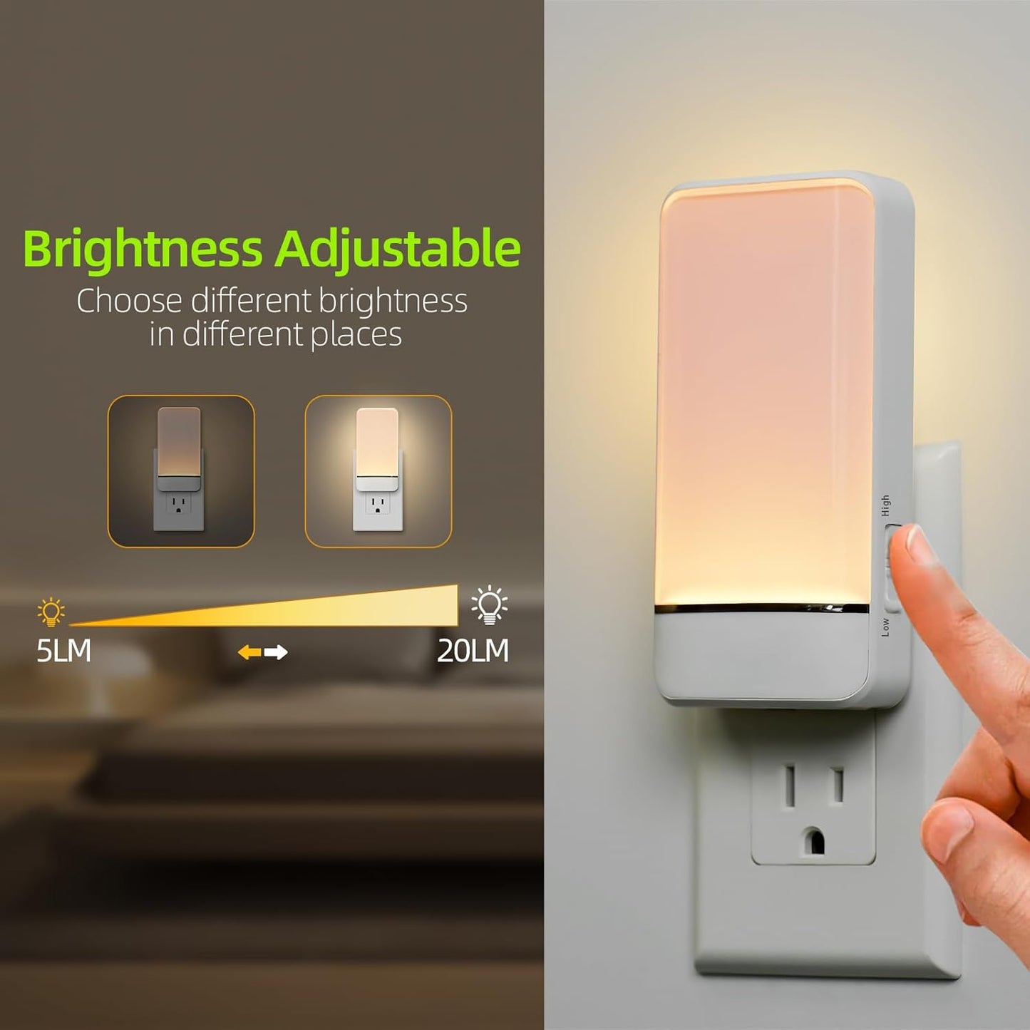 Dawnrise Night Lights Plug into Wall, Invisible Motion Sensor Night Light, Soft Warm or Cool White Selectable, Brightness Adjustable, LED Night Lights for Bedroom, Bathroom, Stairs, Hallway, 4 PK