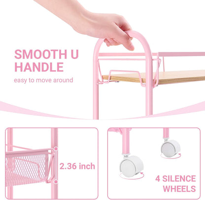 KINGRACK 4-Tier Slim Rolling Cart with Wooden Tabletop, Easy Assemble Metal Utility Cart, Slide Out Narrow Storage Cart for Narrow Space on Bedroom Bathroom Laundry Room Apartments Dormitory, Pink
