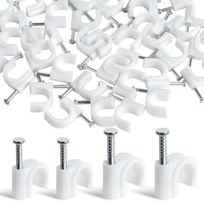 Cable Wire Clips - 100 Pcs White Cable Clips 8mm 10mm Wire Staples Wall Cables Management with Steel Nails Cord Holder for Wires, Ethernet, Cord Organization