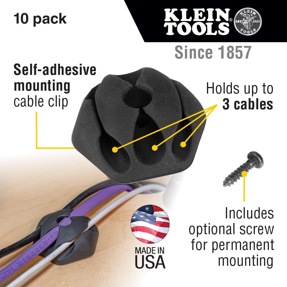 Klein Tools 450-410 Cable Clips, Made in USA, Self-Adhesive 3-Slot Cable, Cord Management Mounting Clips, Optional Screw for Permanent Mounting, 10-Pack
