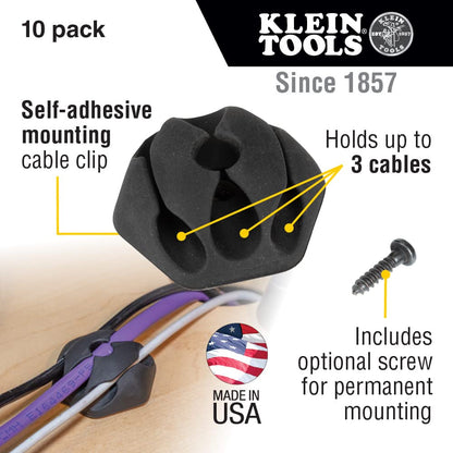 Klein Tools 450-410 Cable Clips, Made in USA, Self-Adhesive 3-Slot Cable, Cord Management Mounting Clips, Optional Screw for Permanent Mounting, 10-Pack