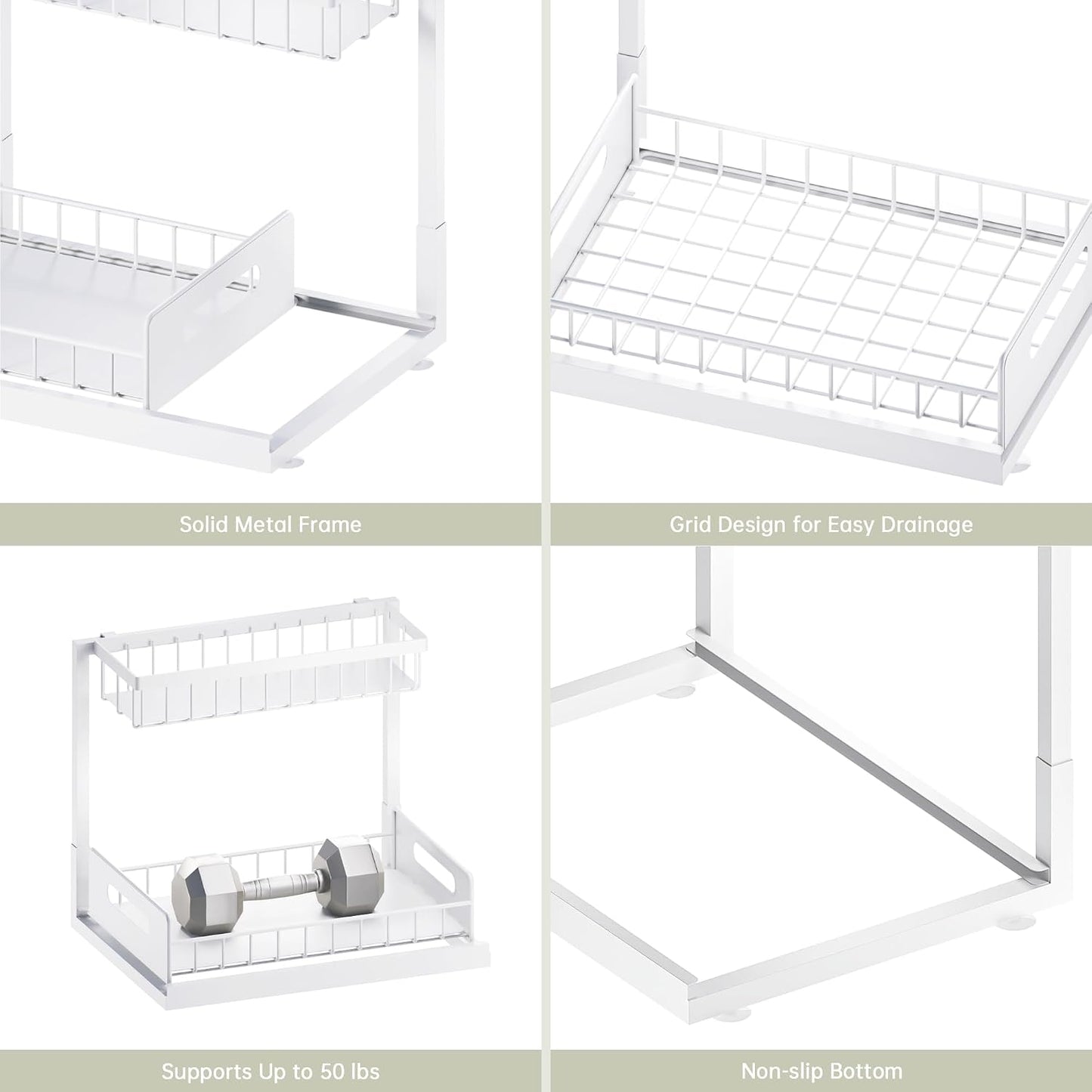 Under Kitchen Sink Organizer 2 Tier, Pull Out Bathroom Sink Organizers and Storage, Cabinet Kitchen Bathroom Storage Organization Shelf, 2 Pack White