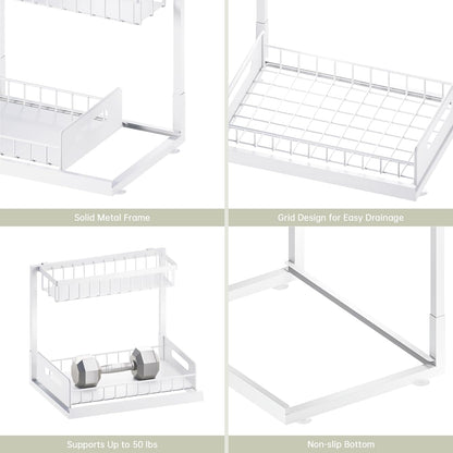 Under Kitchen Sink Organizer 2 Tier, Pull Out Bathroom Sink Organizers and Storage, Cabinet Kitchen Bathroom Storage Organization Shelf, 2 Pack White