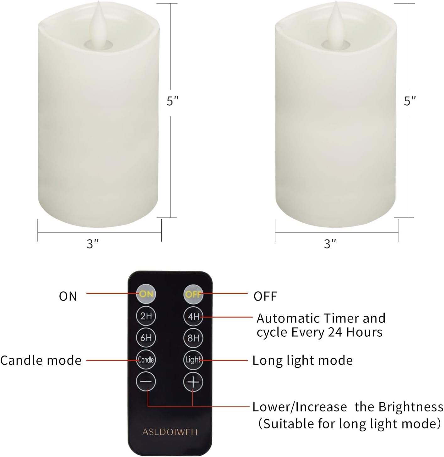 3x3 Flickering Flameless Candles Set of 2, 2AA Battery Life 600 Hours Battery Candles Flickering with Timer,3 inch Flameless Candles with Remote for Indoor/Outdoor, Ivory