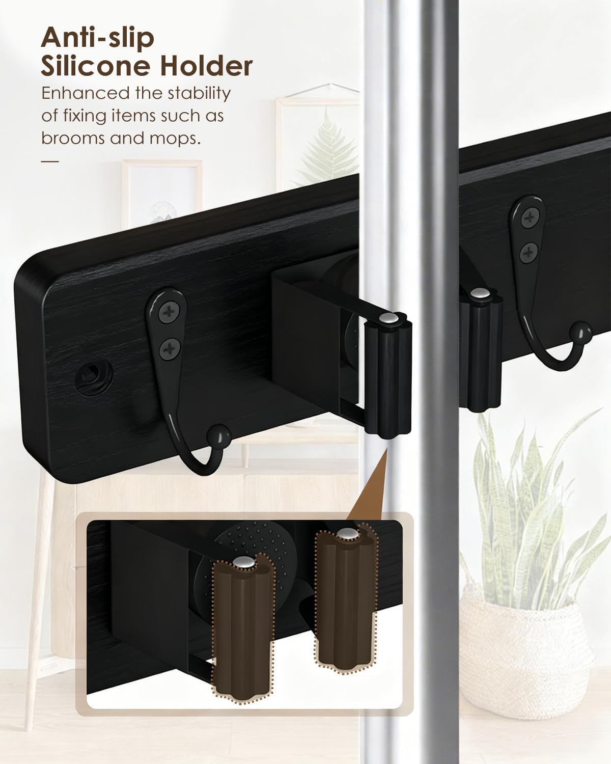 AceMining Broom Holder Wall Mounted, White 4 Holders and 4 Hooks Mop Holder, Wooden Mop and Broom Holder with Anti slip rubber, Natural pine wood Brush Holder, Mop Wall Holde with Nail installation