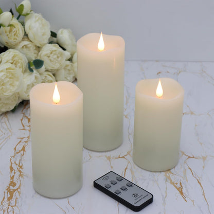 TECHLONG Flameless Candles with Remote Timer, 3D Moving Flickering Flame Battery Operated Candles Lasting 1000+ Hours, 3" x 5" Ivory Real Wax Electric LED Pillar Candles, Set of 2
