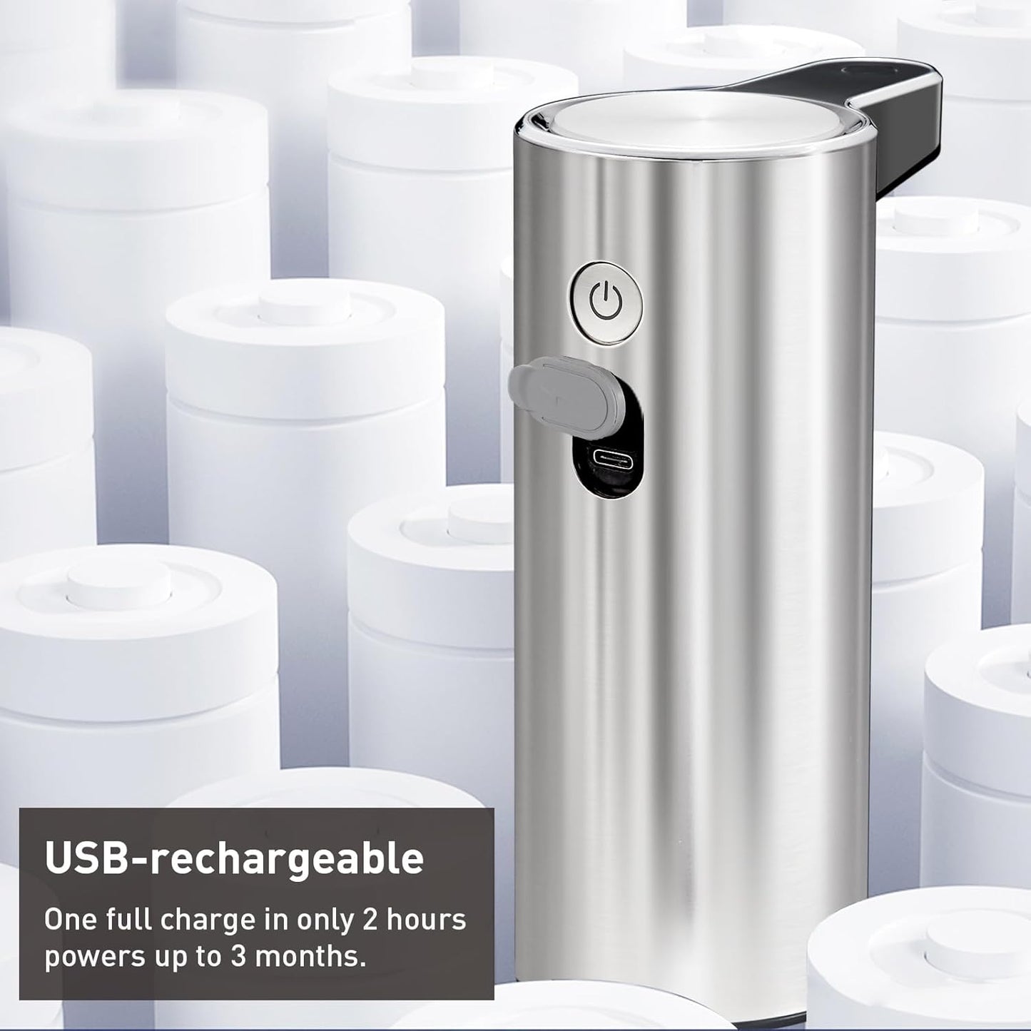 EKO Automatic Foaming Soap Dispenser, Touchless Foam Hand Soap Dispenser for Bathroom and Kitchen, Water-Resistant and Rechargeable, 9 fl oz, Modern Design for Homes and Offices (Stainless)