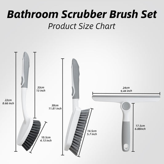 3 Pack Heavy-Duty Scrub Brush Set, Grout Brush, Shower Squeegee, Shower Cleaner Brush with Non-Slip Grip, Stiff Bristles Scrub Brushes for Cleaning Bathroom, Shower, Tile, Grout, Tub, Floor, Sink