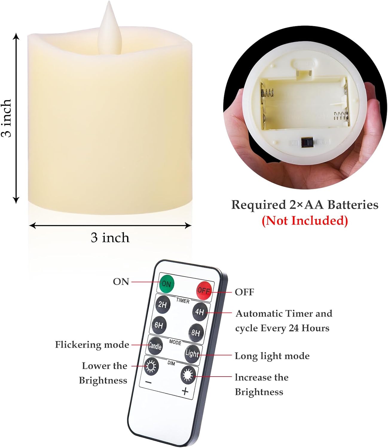3"x4" Flickering Flameless Battery Candles with Timer, White Realistic LED Pillar Candles, Set of 2 Large Remote-Operated Candles for Home Indoor/Outdoor & Holiday Decor