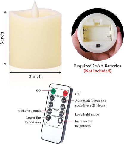 3"x4" Flickering Flameless Battery Candles with Timer, White Realistic LED Pillar Candles, Set of 2 Large Remote-Operated Candles for Home Indoor/Outdoor & Holiday Decor