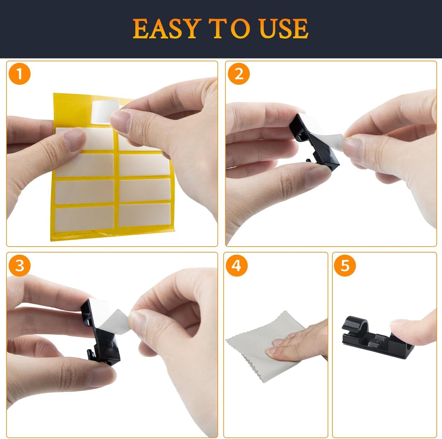SOULWIT 50 Pcs Self Adhesive Cable Management Clips, Cable Organizers Sticky Wire Clips Cord Holder for TV PC Laptop Ethernet Cable Desktop Home Office (Black)