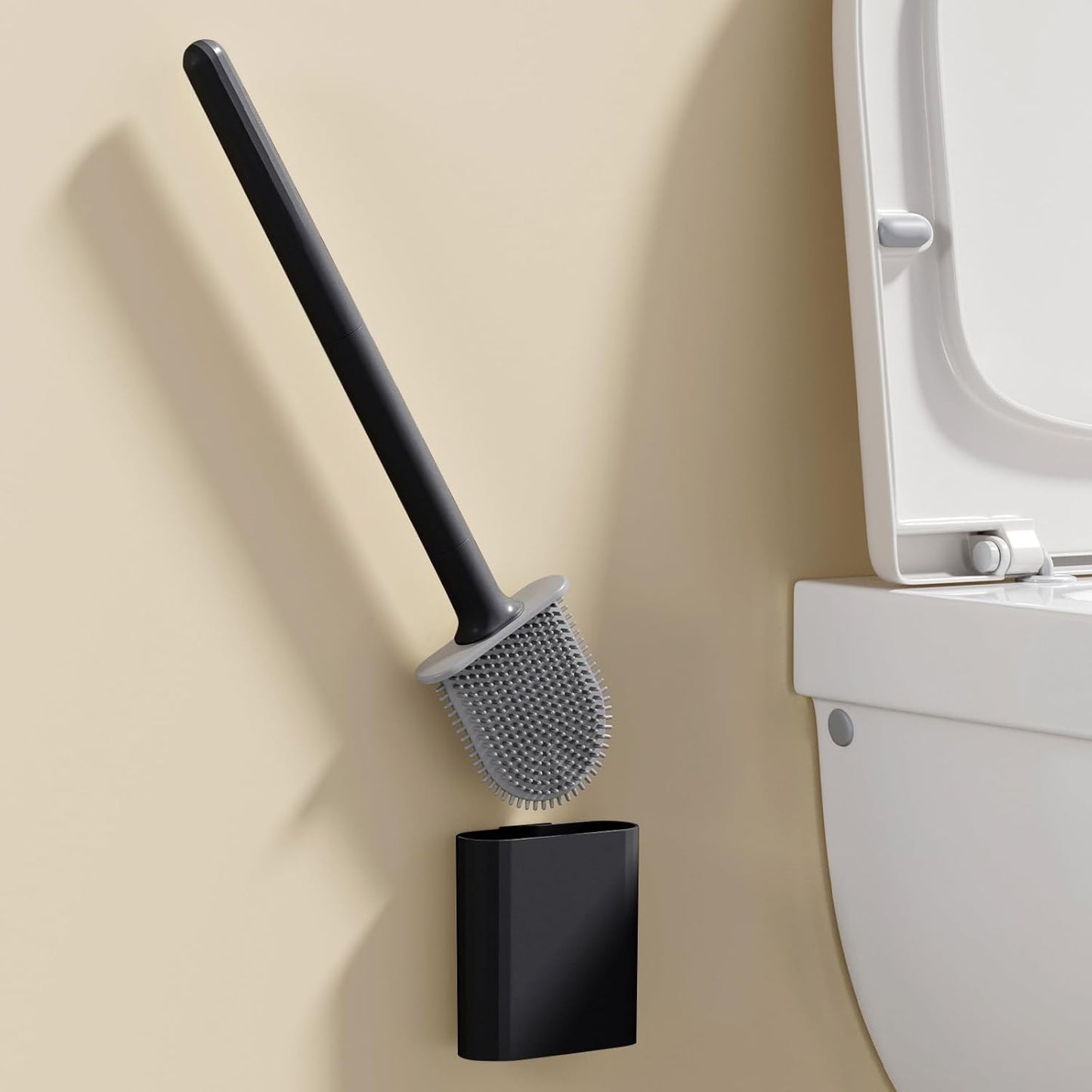 Black Toilet Brush, Toilet Bowl Brush, Silicone Toilet Brush and Holder, Compact Size, Toilet Brushes & Holders for Dead Corner Clean, Ventilation Slots Base