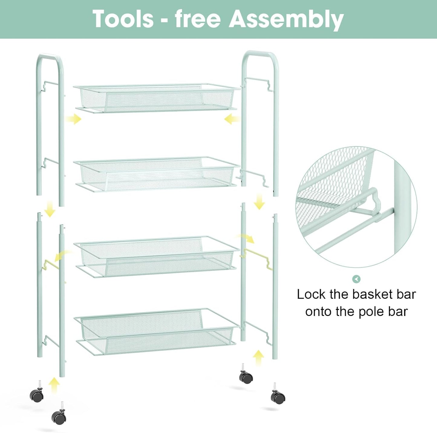 TOOLF 3-Tier Metal Rolling Cart, Mesh Wire Easy Assemble Utility Cart, Storage Trolley on Wheels with 3 Hooks, MetalStorage Shelving Units for Kitchen Bathroom Laundry Room