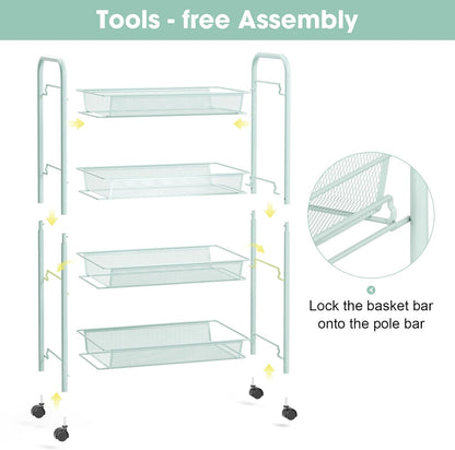 TOOLF 3-Tier Metal Rolling Cart, Mesh Wire Easy Assemble Utility Cart, Storage Trolley on Wheels with 3 Hooks, MetalStorage Shelving Units for Kitchen Bathroom Laundry Room