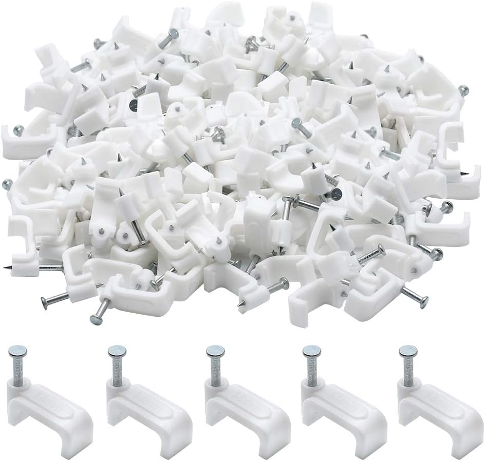 Flat Ethernet Cable Wire Clips with Nail, 14mm, White | Single Coaxial Cable Clamps, Cable Management