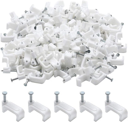 Flat Ethernet Cable Wire Clips with Nail, 14mm, White | Single Coaxial Cable Clamps, Cable Management